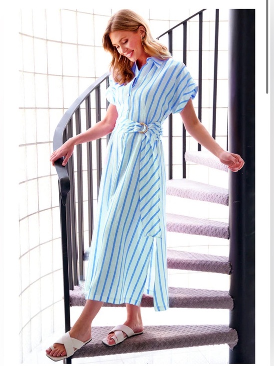 Finley Dresses & Skirts - Finley Smithy Sash Waist Linen Shirtdress stripped blue & white linen dress  S